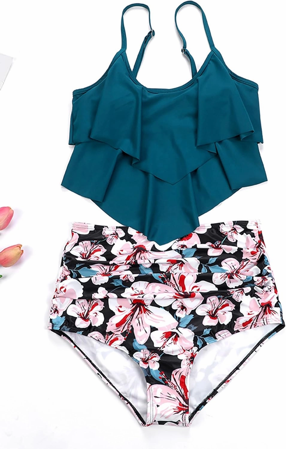 Womens Tankini Swimsuits Ruffled Tank Top Tummy Control Floral Modest Swimwear High Waisted Bikini