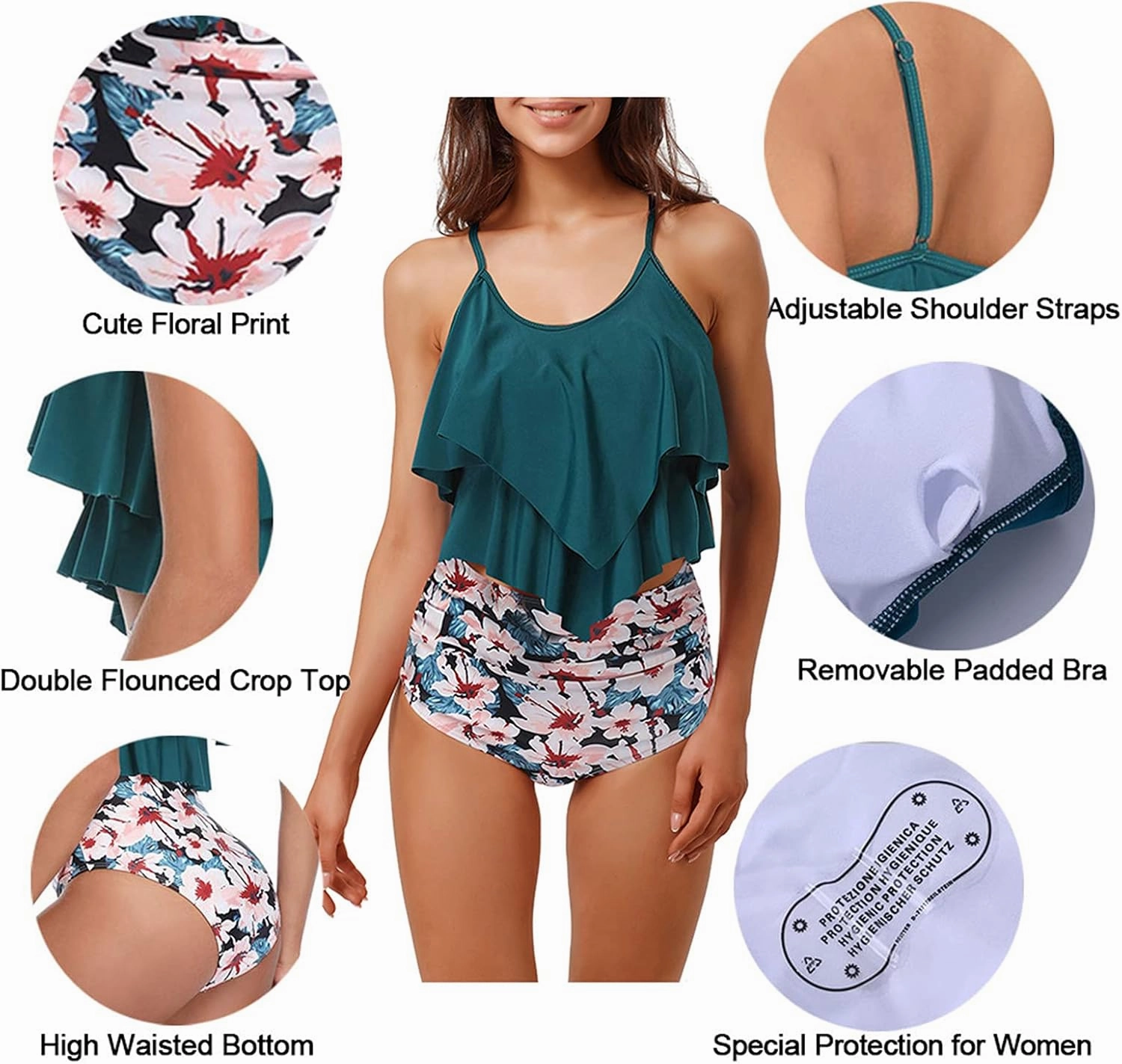 Womens Tankini Swimsuits Ruffled Tank Top Tummy Control Floral Modest Swimwear High Waisted Bikini