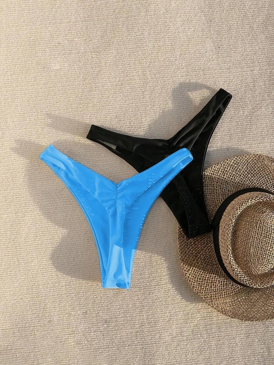 YELAIVP Women's Ruched Back Bikini Bottoms High Cut Bathing Suit Bottoms Cheeky Thong Swimsuit Bottom