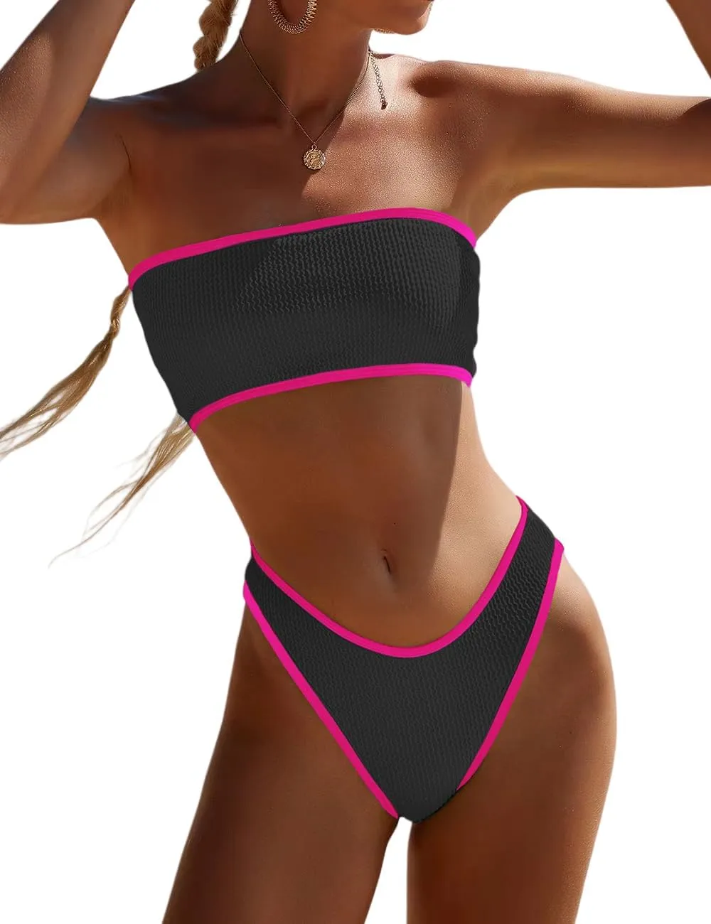 YIMISAN Women's Two Piece Bandeau Swimsuit Ribbed Strapless Tube Bikini Top with Mid Waist Cheeky Bottom Bathing Suit