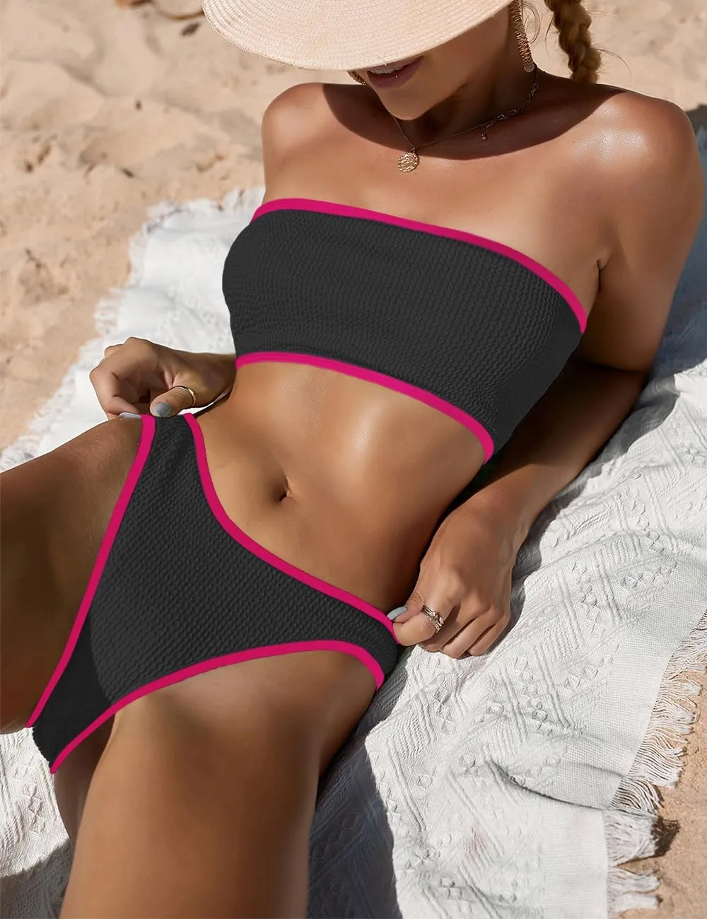 YIMISAN Women's Two Piece Bandeau Swimsuit Ribbed Strapless Tube Bikini Top with Mid Waist Cheeky Bottom Bathing Suit