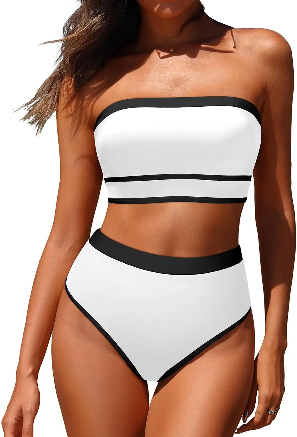 Yonique Bandeau Bikini Strapless Swimsuit - Two Piece High Waisted Bathing Suits