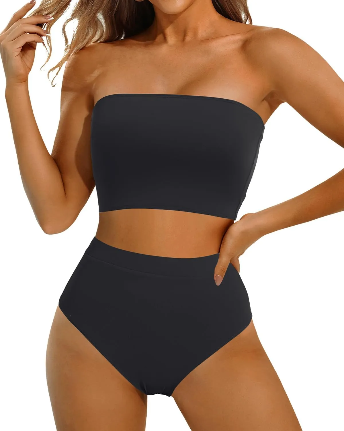 Yonique Bandeau Bikini Strapless Swimsuit - Two Piece High Waisted Bathing Suits