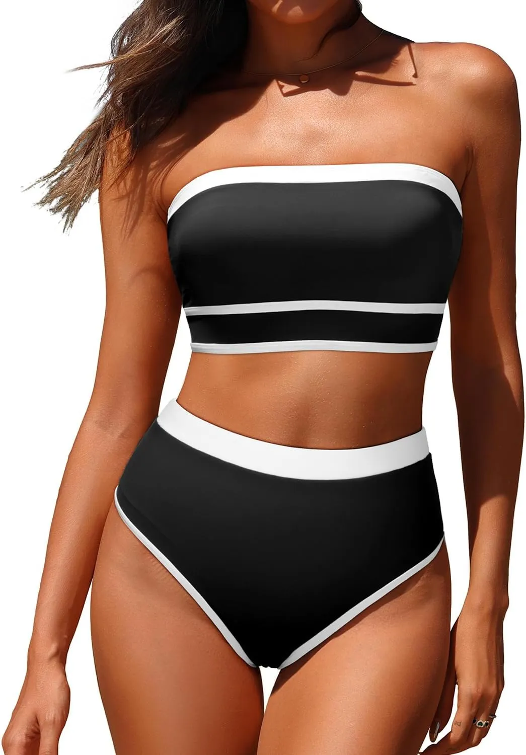 Yonique Bandeau Bikini Strapless Swimsuit - Two Piece High Waisted Bathing Suits