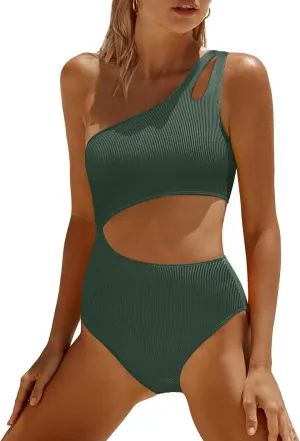 Yonique Cutout One Piece Swimsuit Women - One Shoulder Bathing Suit Ribbed Swimwear 2025 Monokini