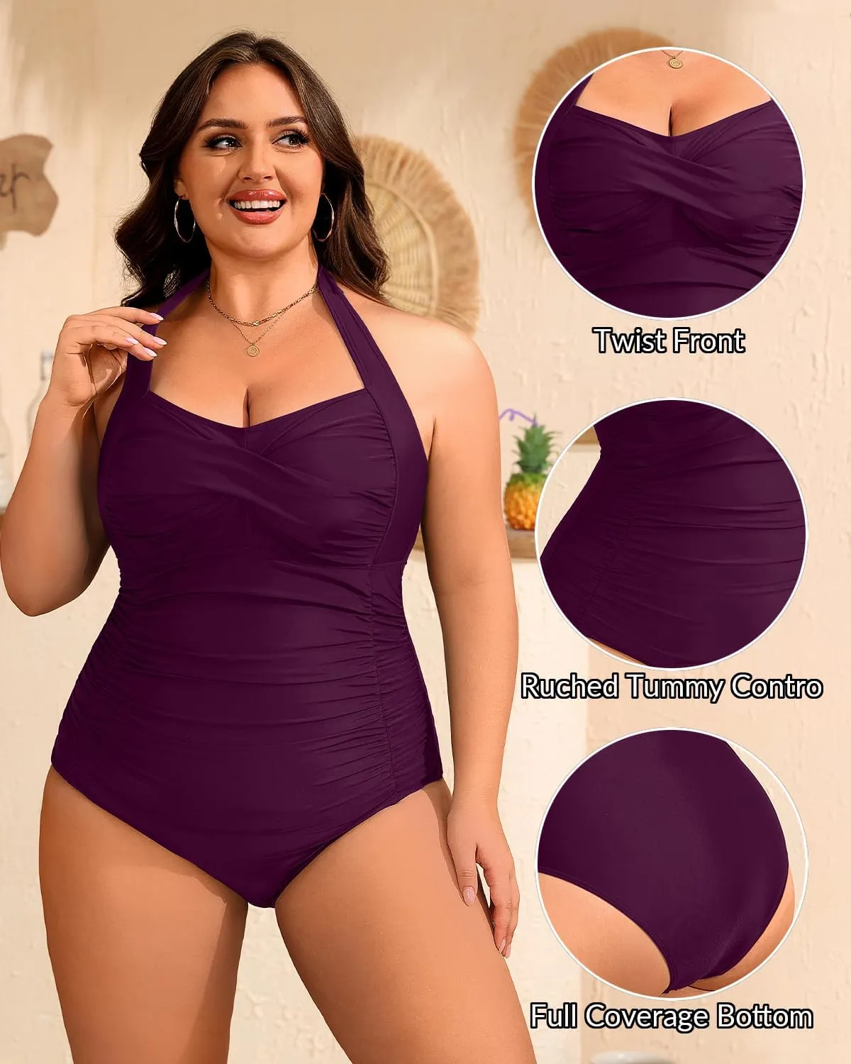 Yonique Plus Size Bathing Suit for Women One Piece Swimsuit Tummy Control Halter Tops for Women Swimwear