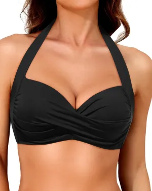 Yonique Women Halter Bikini Top Push Up Swimsuit Top Retro Swim Top Twist Front Bathing Suit Top Only
