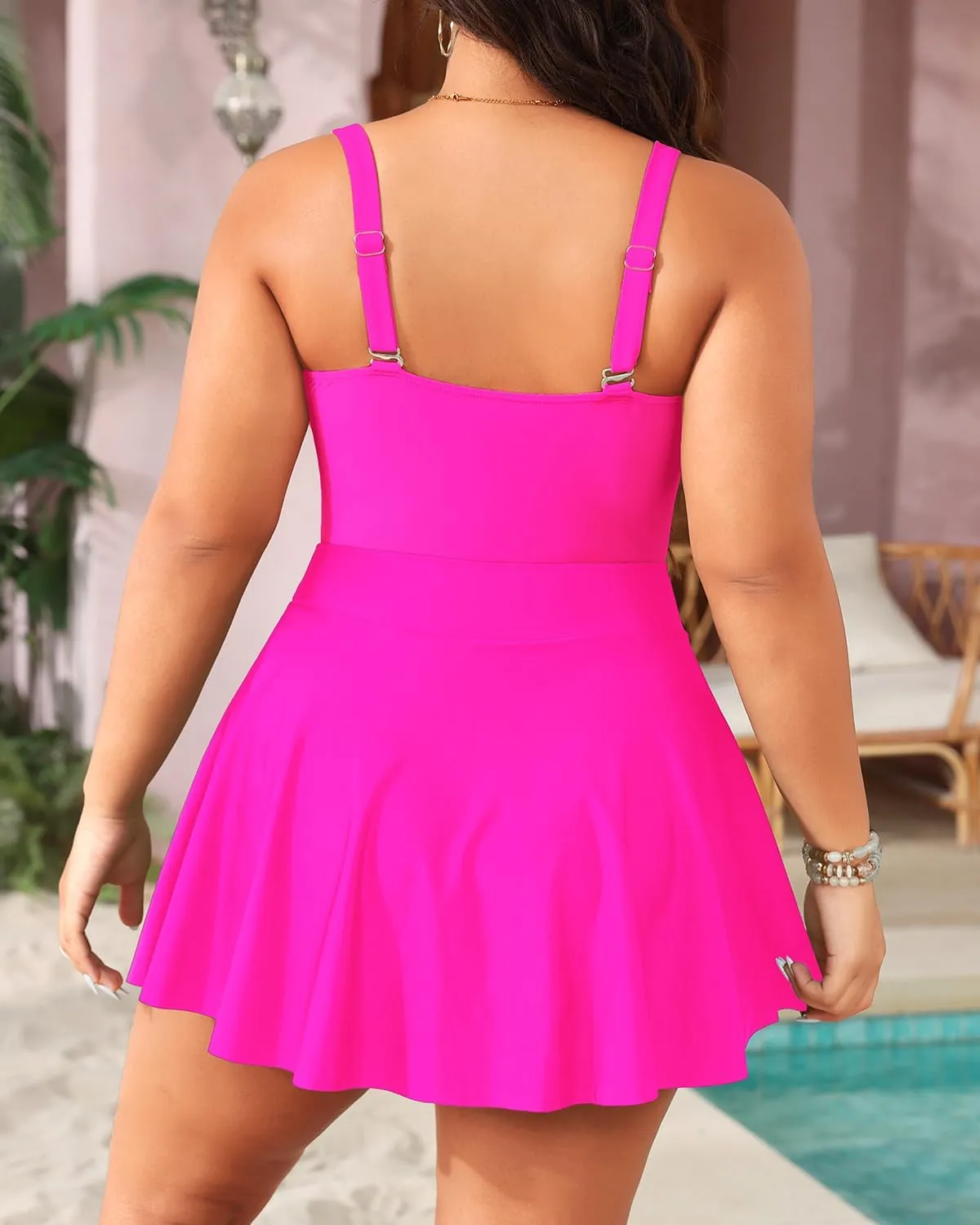 Yonique Women Plus Size One Piece Swimsuits with Skirt V Neck Floral Printed Swimdress Cutout Bathing Suits