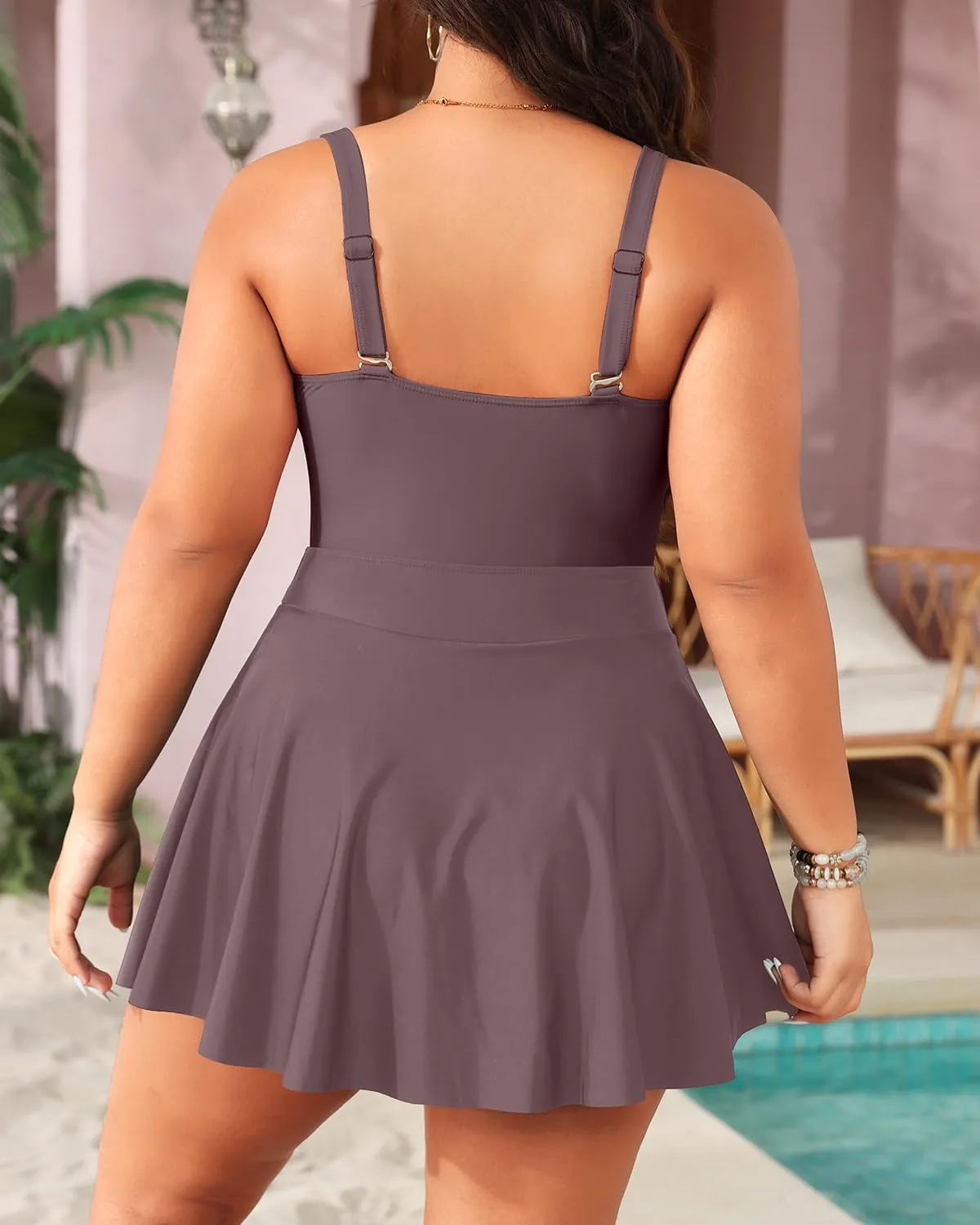 Yonique Women Plus Size One Piece Swimsuits with Skirt V Neck Floral Printed Swimdress Cutout Bathing Suits