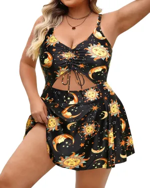 Yonique Women Plus Size One Piece Swimsuits with Skirt V Neck Floral Printed Swimdress Cutout Bathing Suits