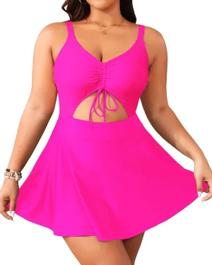 Yonique Women Plus Size One Piece Swimsuits with Skirt V Neck Floral Printed Swimdress Cutout Bathing Suits