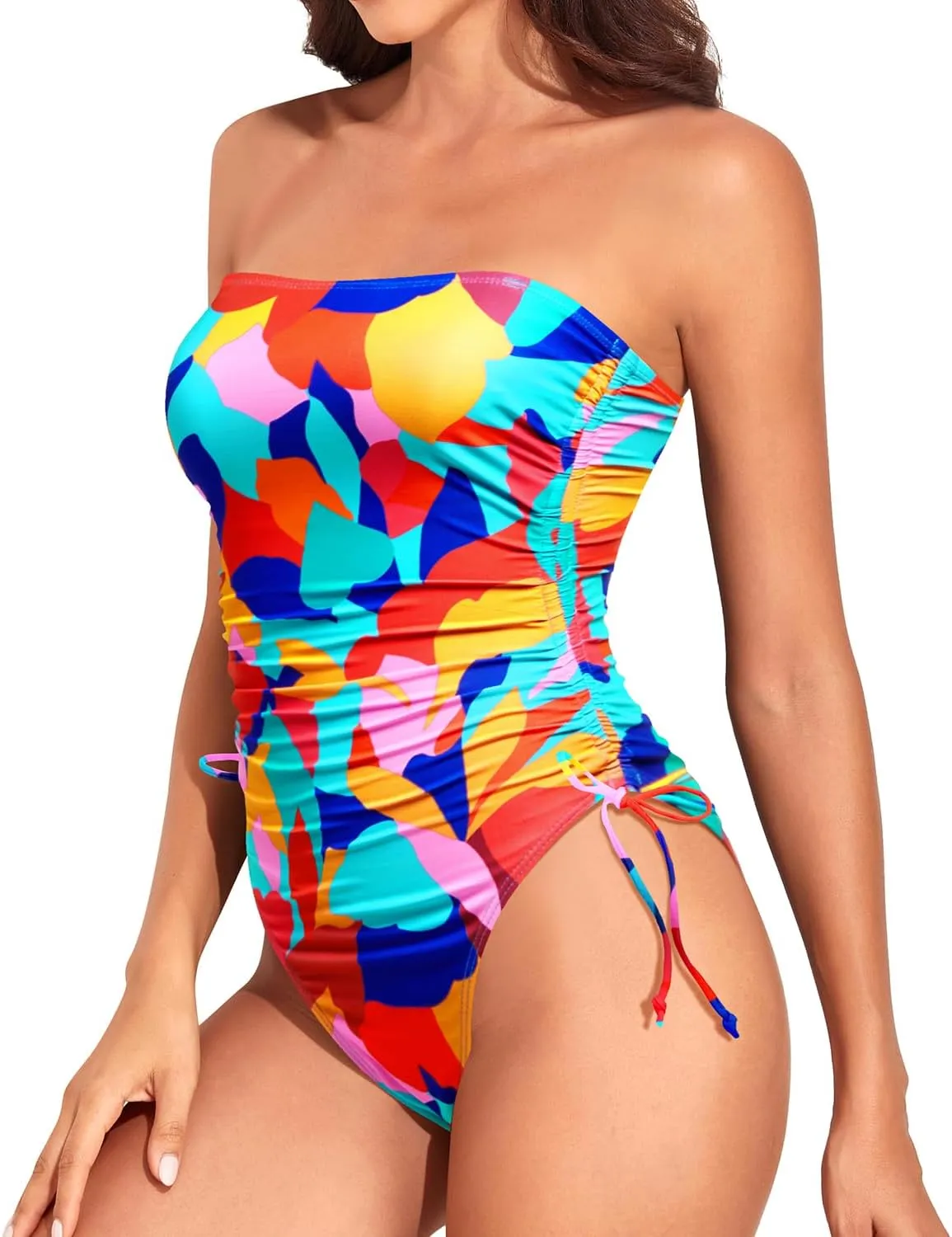 Yonique Women Strapless One Piece Swimsuit Tummy Control Bandeau Bathing Suit Cheeky Swimwear
