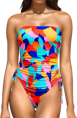 Yonique Women Strapless One Piece Swimsuit Tummy Control Bandeau Bathing Suit Cheeky Swimwear