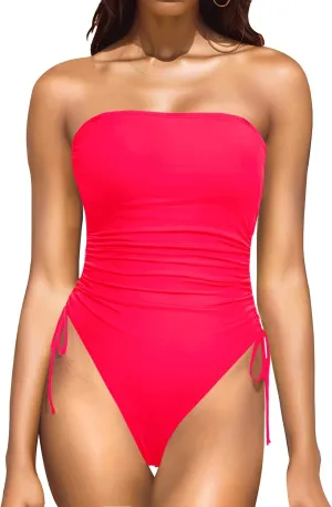 Yonique Women Strapless One Piece Swimsuit Tummy Control Bandeau Bathing Suit Cheeky Swimwear