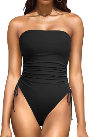 Yonique Women Strapless One Piece Swimsuit Tummy Control Bandeau Bathing Suit Cheeky Swimwear