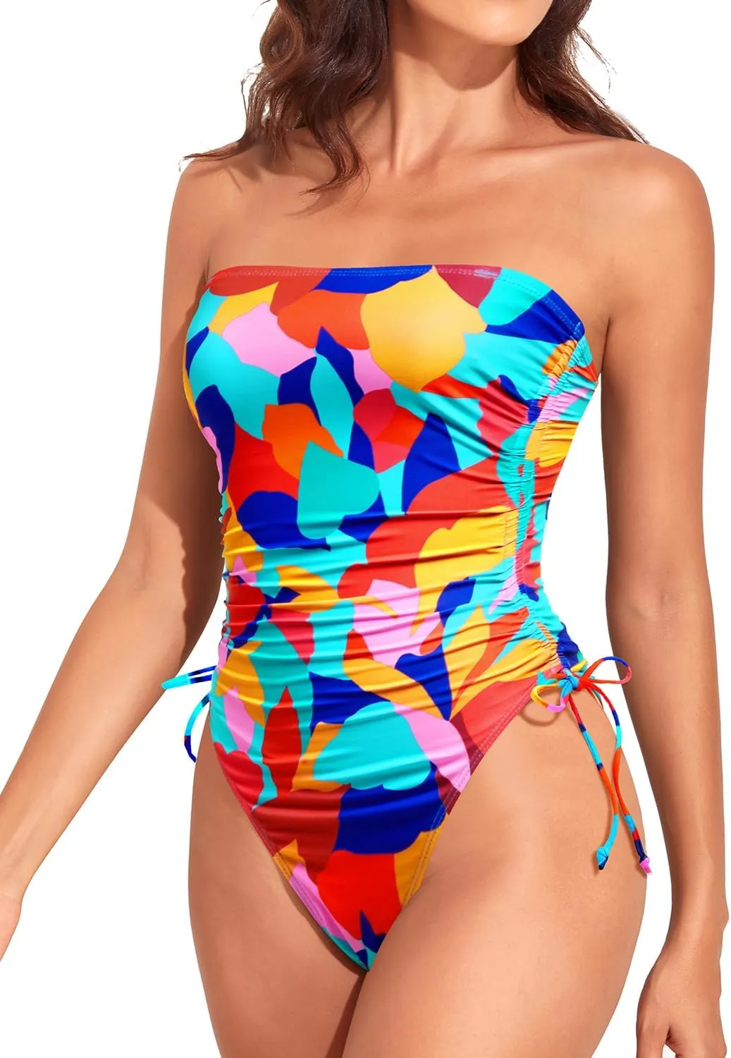 Yonique Women Strapless One Piece Swimsuit Tummy Control Bandeau Bathing Suit Cheeky Swimwear