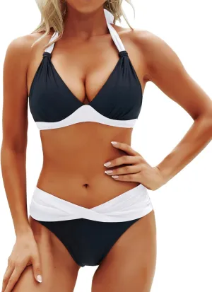 Yonique Women Two Piece Bathing Suits Push Up Bikini Set Halter Swimsuit Vintage Swimwear