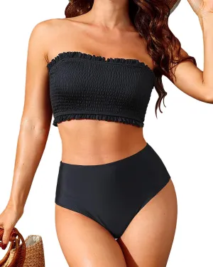 Yonique Women's Bandeau Bikini Set Two Piece Smocked Swimsuits Ruffle Off Shoulder Bathing Suit with High Waisted Bottoms