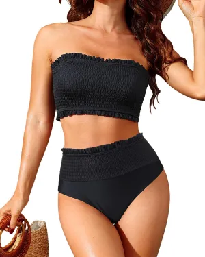 Yonique Women's Bandeau Bikini Set Two Piece Smocked Swimsuits Ruffle Off Shoulder Bathing Suit with High Waisted Bottoms