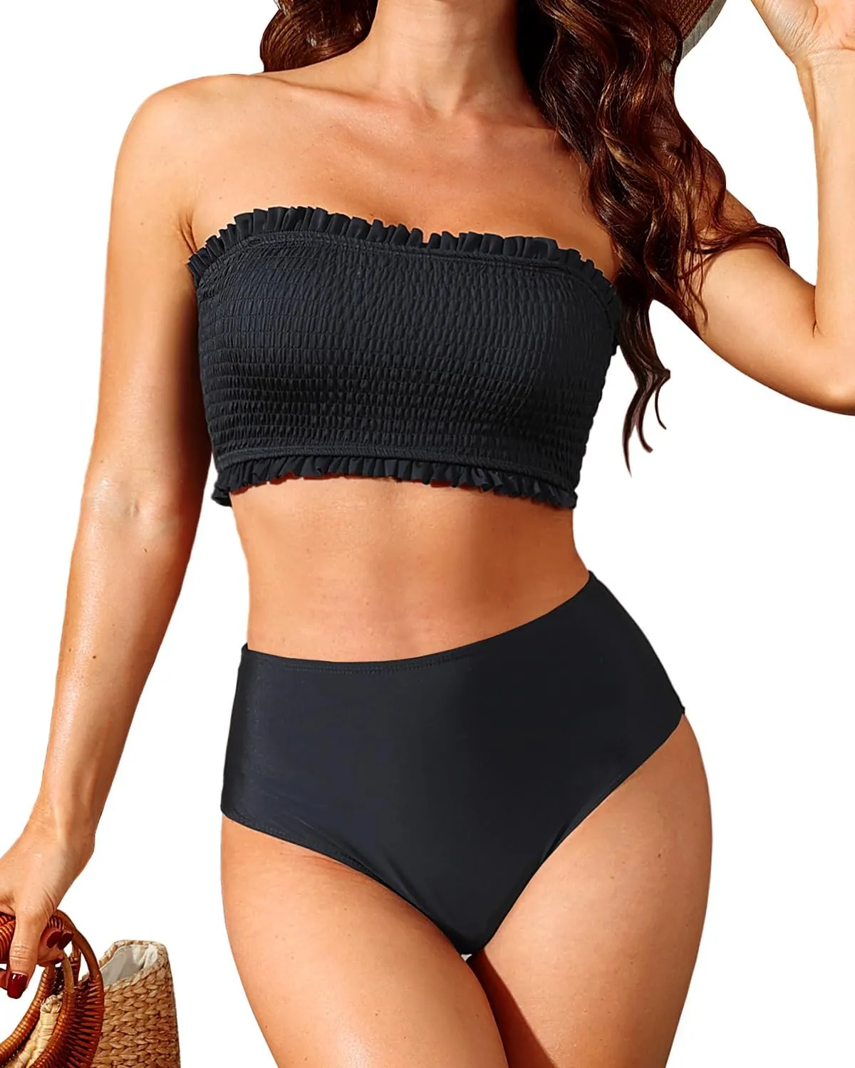 Yonique Women's Bandeau Bikini Set Two Piece Smocked Swimsuits Ruffle Off Shoulder Bathing Suit with High Waisted Bottoms
