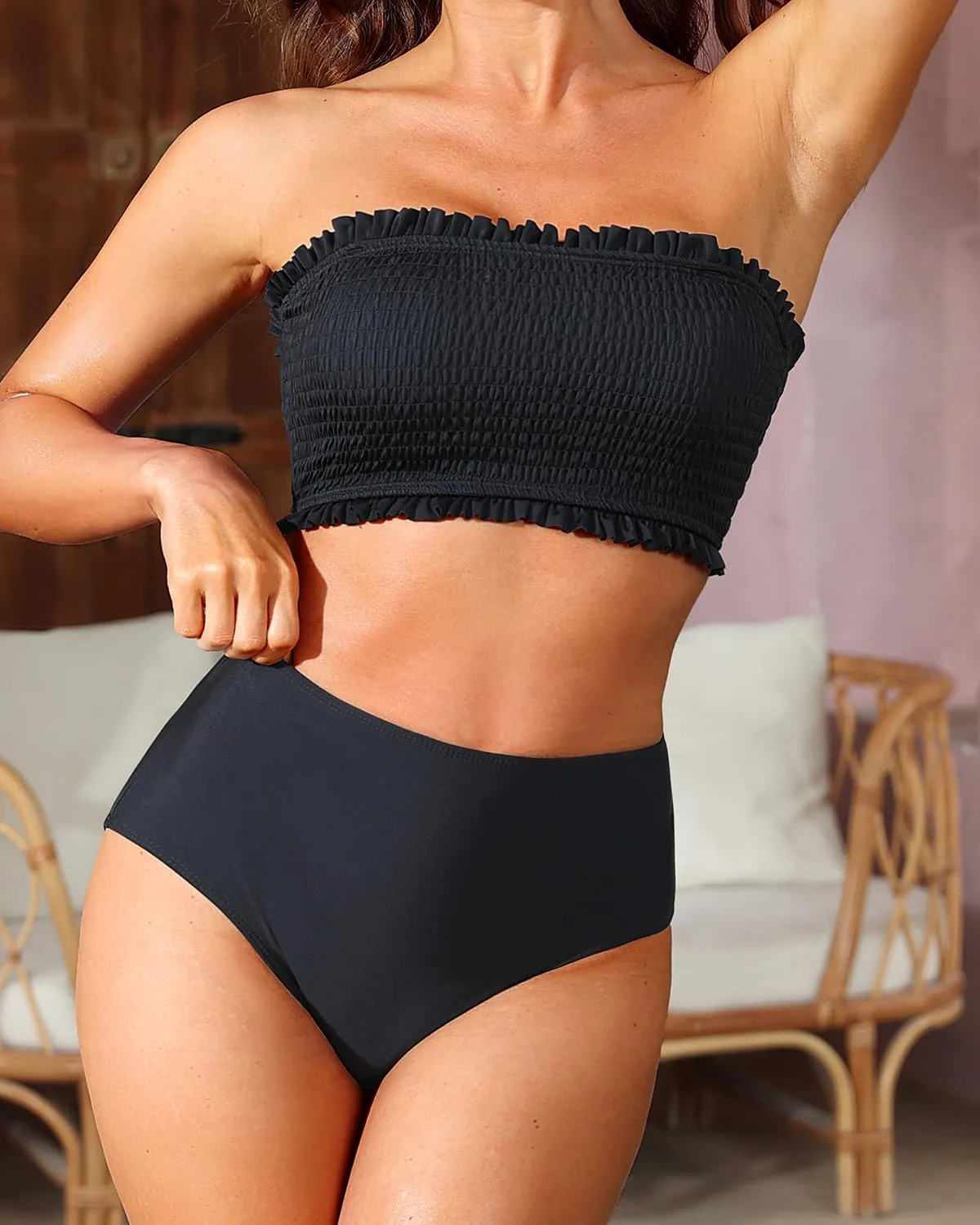 Yonique Women's Bandeau Bikini Set Two Piece Smocked Swimsuits Ruffle Off Shoulder Bathing Suit with High Waisted Bottoms