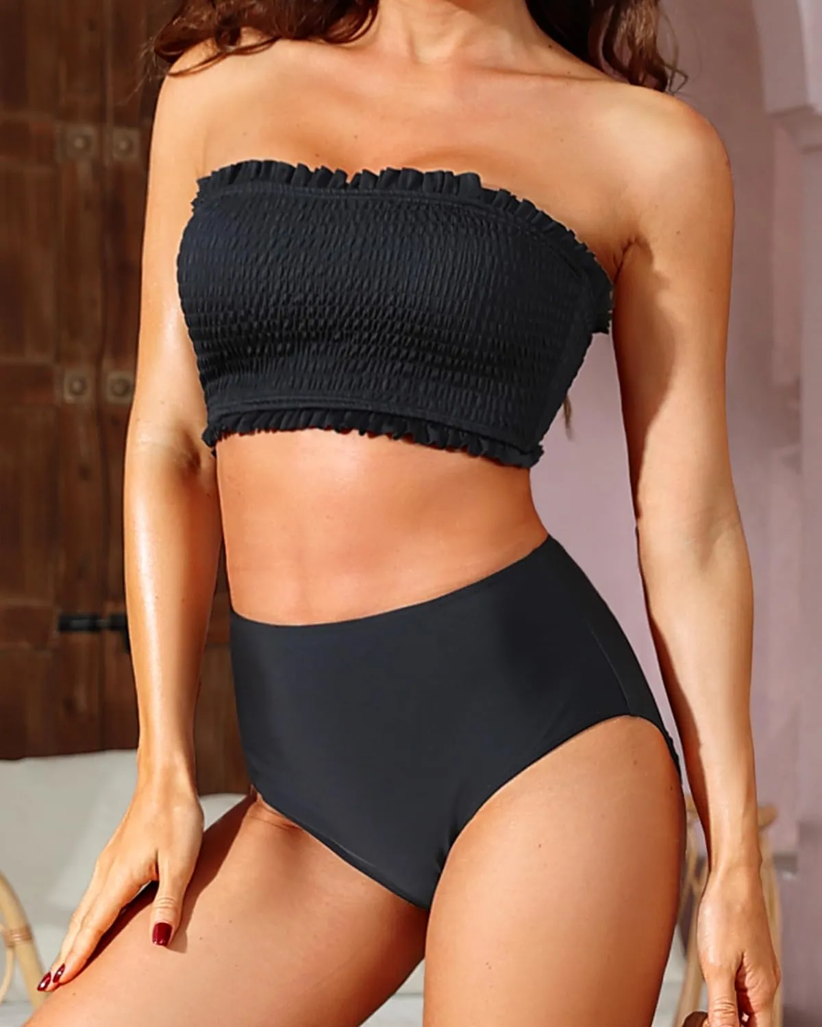 Yonique Women's Bandeau Bikini Set Two Piece Smocked Swimsuits Ruffle Off Shoulder Bathing Suit with High Waisted Bottoms