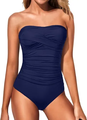 Yonique Womens Strapless One Piece Swimsuit Tummy Control Bandeau Bathing Suits Slimming Twist Front Swimwear