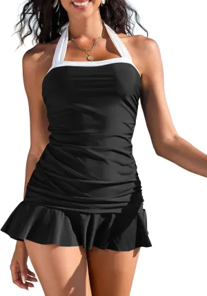 ZAFUL 2025 Tankini Swimsuits for Women Tummy Control Color Block Swim Dress Retro Two Piece Bathing Suits