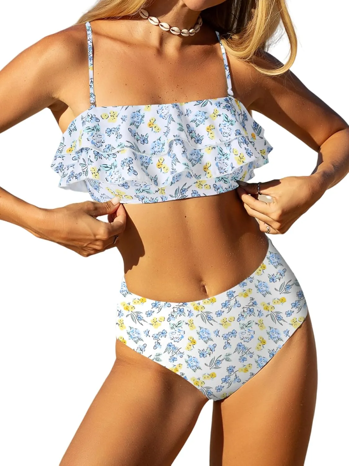 ZAFUL Layered Ruffle Bikini for Women High Waisted Bikini Sets Spaghetti Bandeau Swimsuits Padded Bathing Suit
