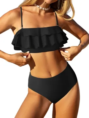 ZAFUL Layered Ruffle Bikini for Women High Waisted Bikini Sets Spaghetti Bandeau Swimsuits Padded Bathing Suit
