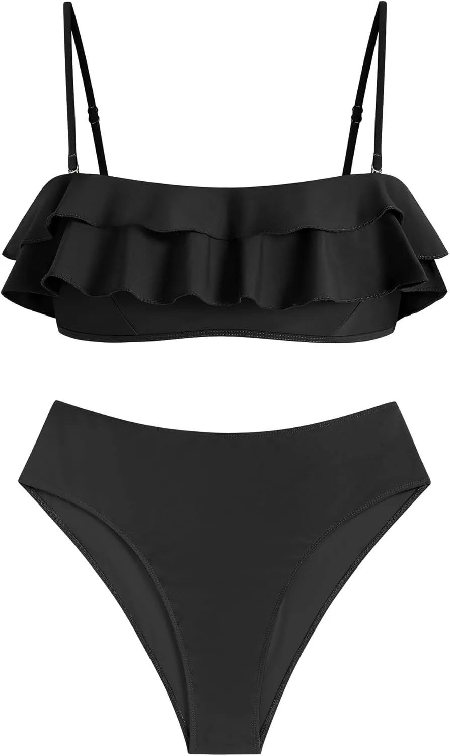 ZAFUL Layered Ruffle Bikini for Women High Waisted Bikini Sets Spaghetti Bandeau Swimsuits Padded Bathing Suit