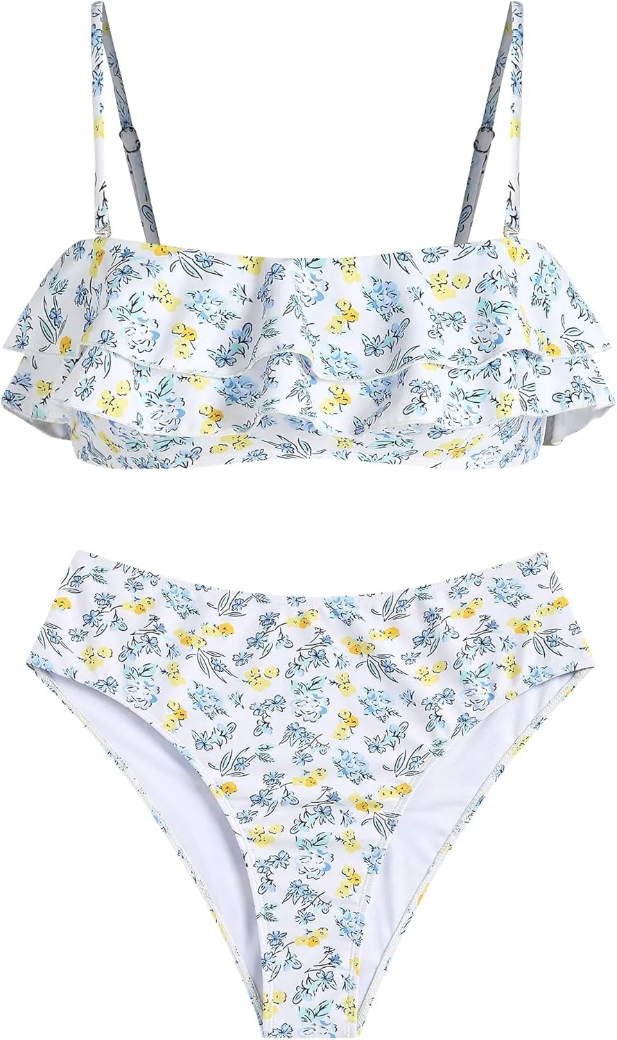ZAFUL Layered Ruffle Bikini for Women High Waisted Bikini Sets Spaghetti Bandeau Swimsuits Padded Bathing Suit