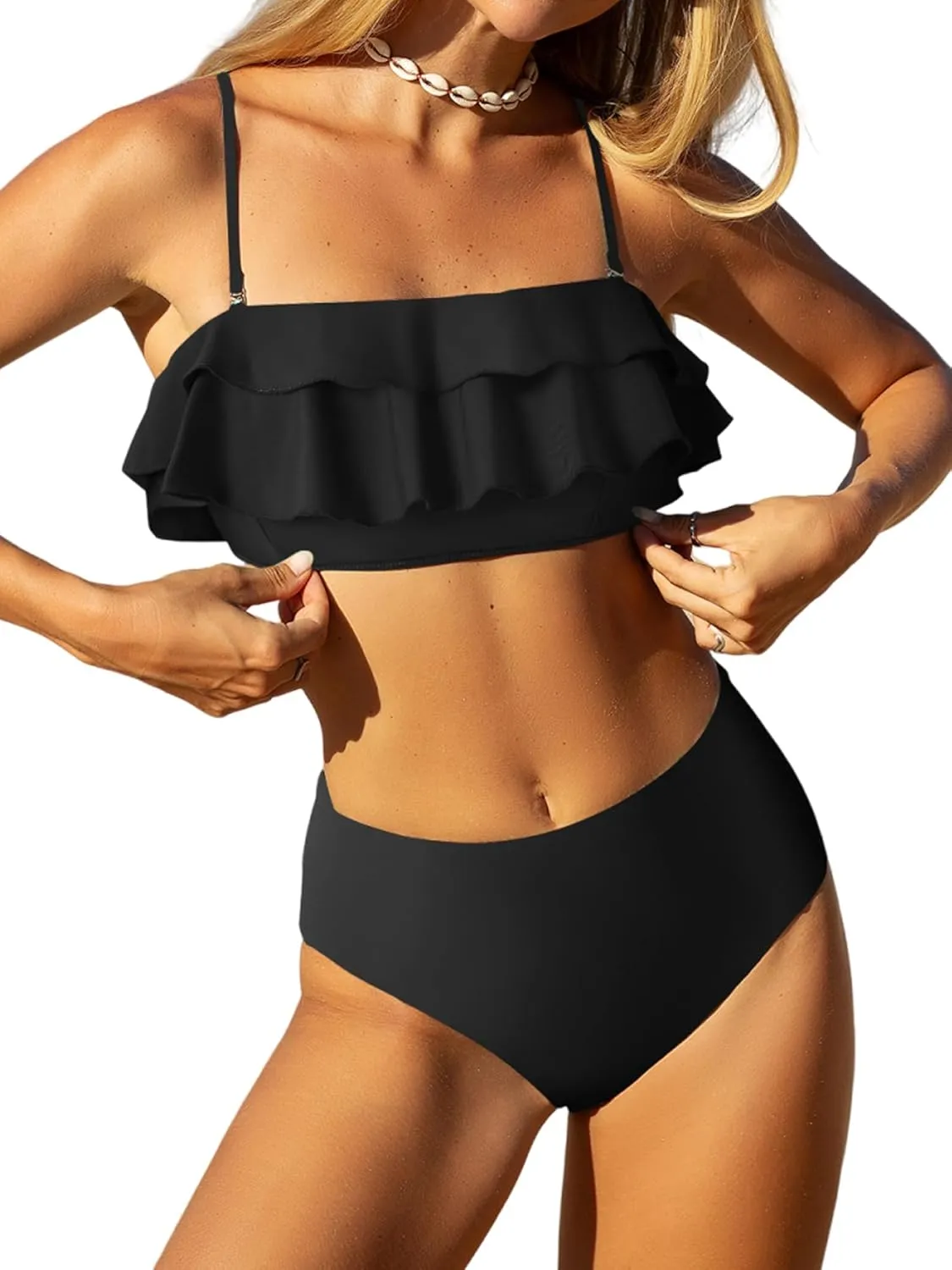 ZAFUL Layered Ruffle Bikini for Women High Waisted Bikini Sets Spaghetti Bandeau Swimsuits Padded Bathing Suit