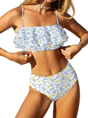 ZAFUL Layered Ruffle Bikini for Women High Waisted Bikini Sets Spaghetti Bandeau Swimsuits Padded Bathing Suit