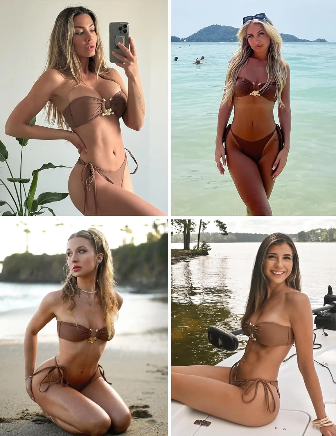 ZAFUL Metal Ring Bandeau Bikini Set Tie Side Bathing Suit High Cut 2 Piece Swimsuit Cutout Swimwear