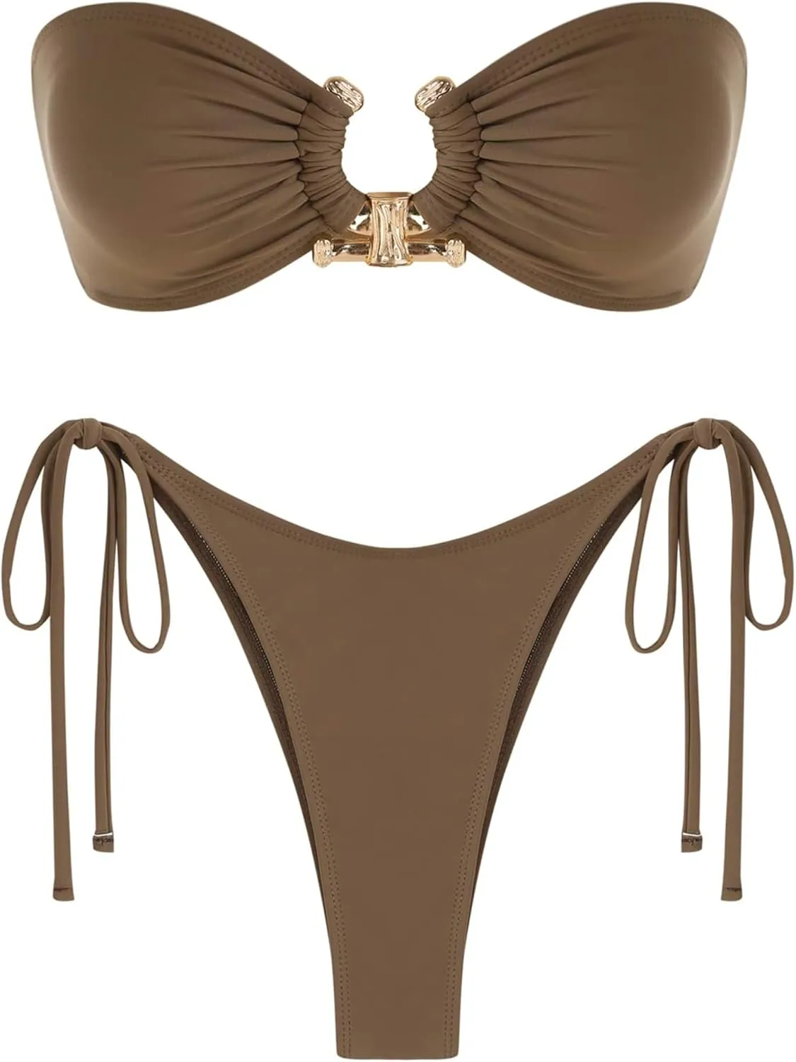 ZAFUL Metal Ring Bandeau Bikini Set Tie Side Bathing Suit High Cut 2 Piece Swimsuit Cutout Swimwear