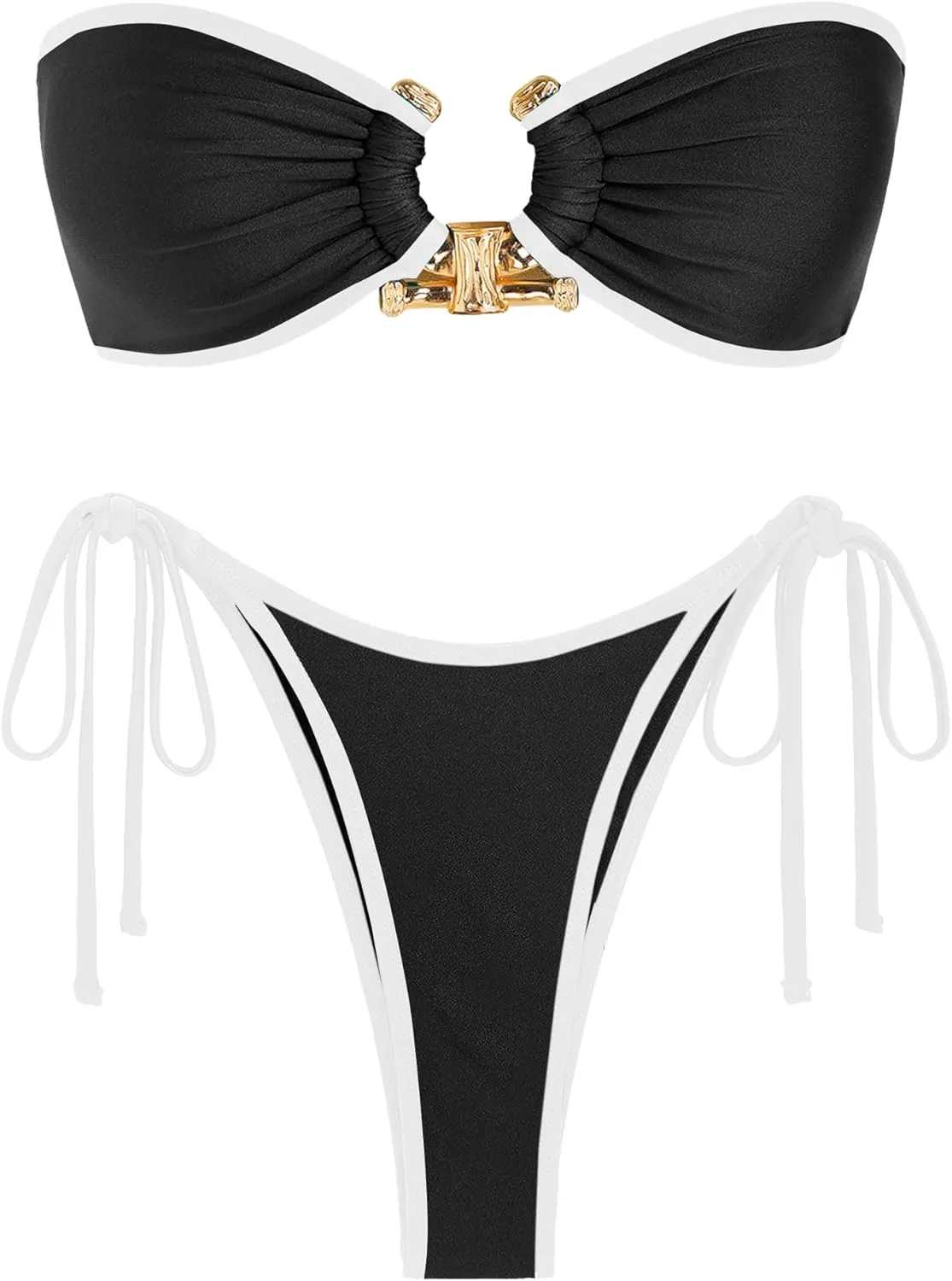 ZAFUL Metal Ring Bandeau Bikini Set Tie Side Bathing Suit High Cut 2 Piece Swimsuit Cutout Swimwear
