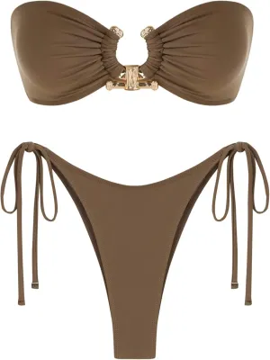 ZAFUL Metal Ring Bandeau Bikini Set Tie Side Bathing Suit High Cut 2 Piece Swimsuit Cutout Swimwear