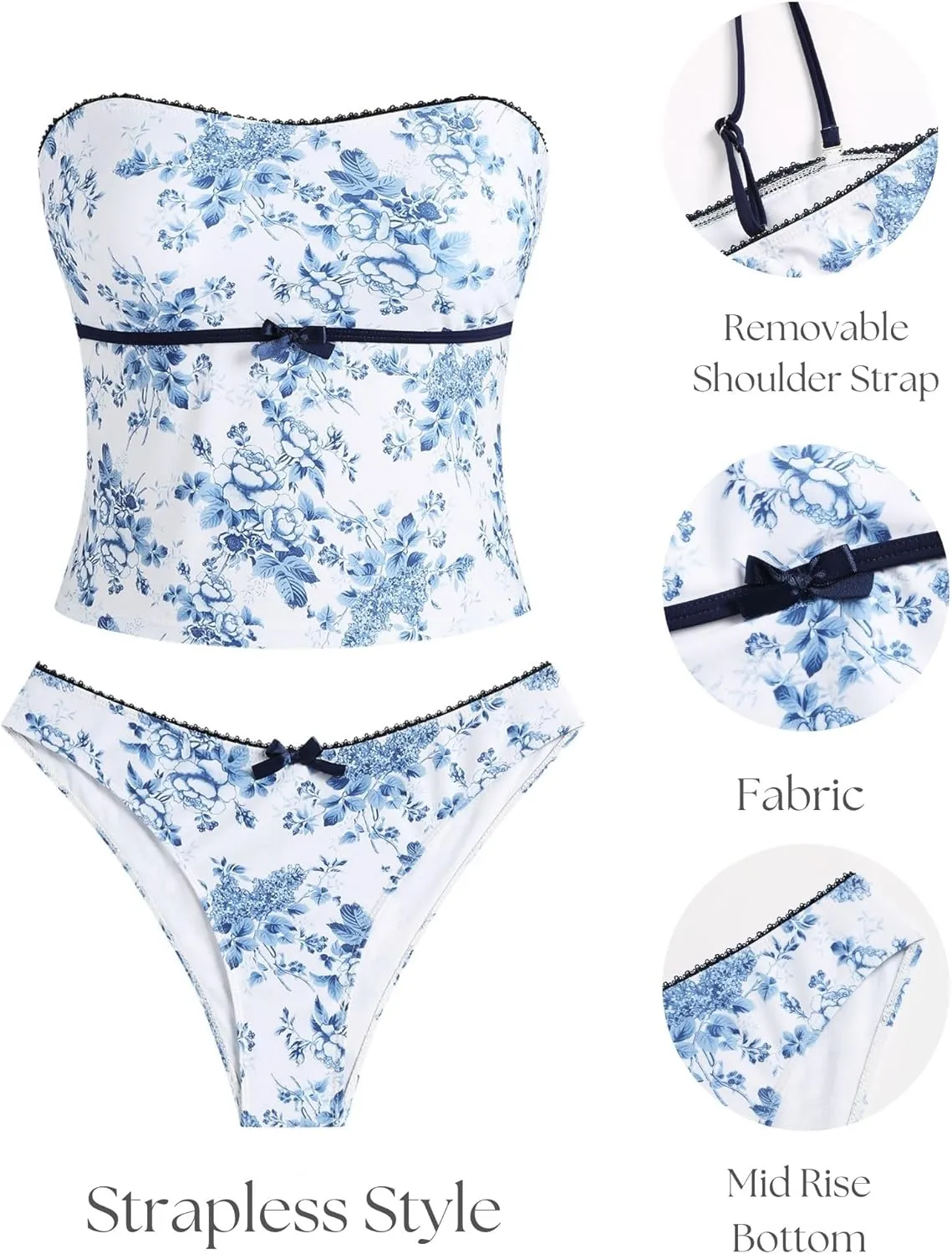 ZAFUL Tankini Swimsuits for Women Bow Tie Side Bathing Suits Tummy Control High Cut Two Piece Bikini Sets