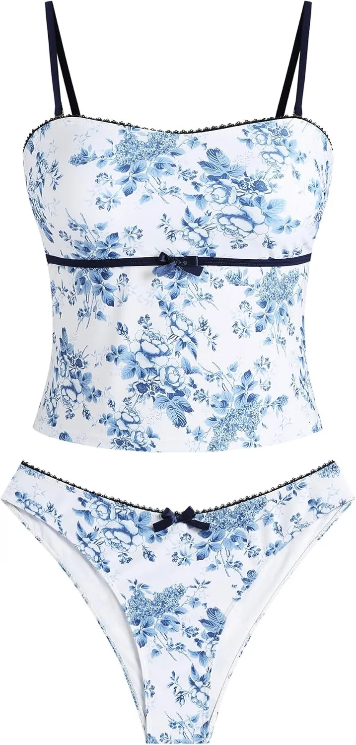 ZAFUL Tankini Swimsuits for Women Bow Tie Side Bathing Suits Tummy Control High Cut Two Piece Bikini Sets