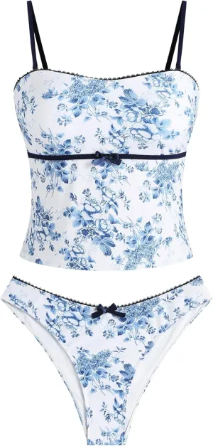 ZAFUL Tankini Swimsuits for Women Bow Tie Side Bathing Suits Tummy Control High Cut Two Piece Bikini Sets