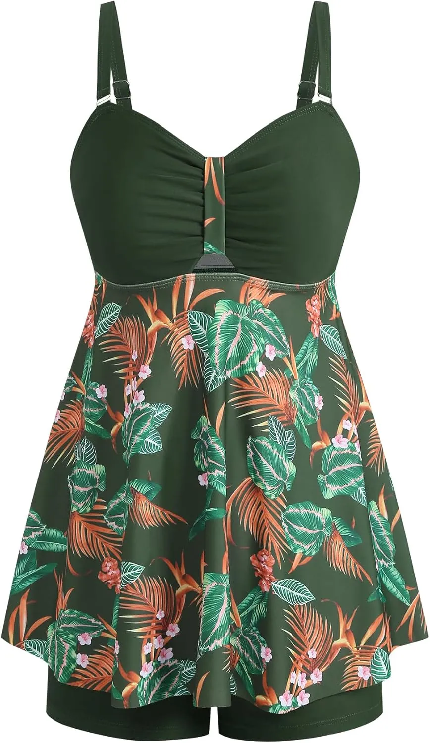ZAFUL Tankini Swimsuits for Women Tummy Control Two Piece Modest Bathing Suits Floral Skirt Top with Boyshorts