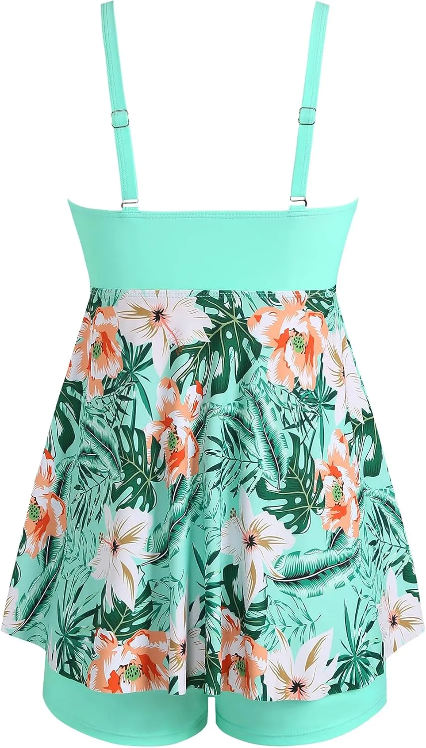 ZAFUL Tankini Swimsuits for Women Tummy Control Two Piece Modest Bathing Suits Floral Skirt Top with Boyshorts