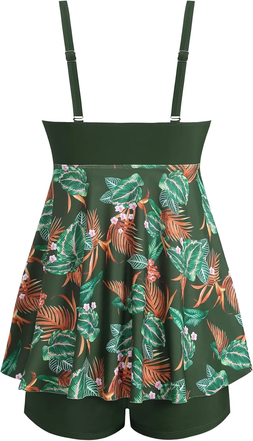ZAFUL Tankini Swimsuits for Women Tummy Control Two Piece Modest Bathing Suits Floral Skirt Top with Boyshorts