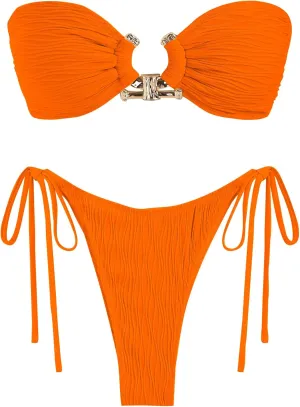 ZAFUL Women Bikini Sets Ribbed Textured Metal Two Piece Adjustable Tie Back Bandeau Bathing Suit Tie Side High Cut Swimsuit