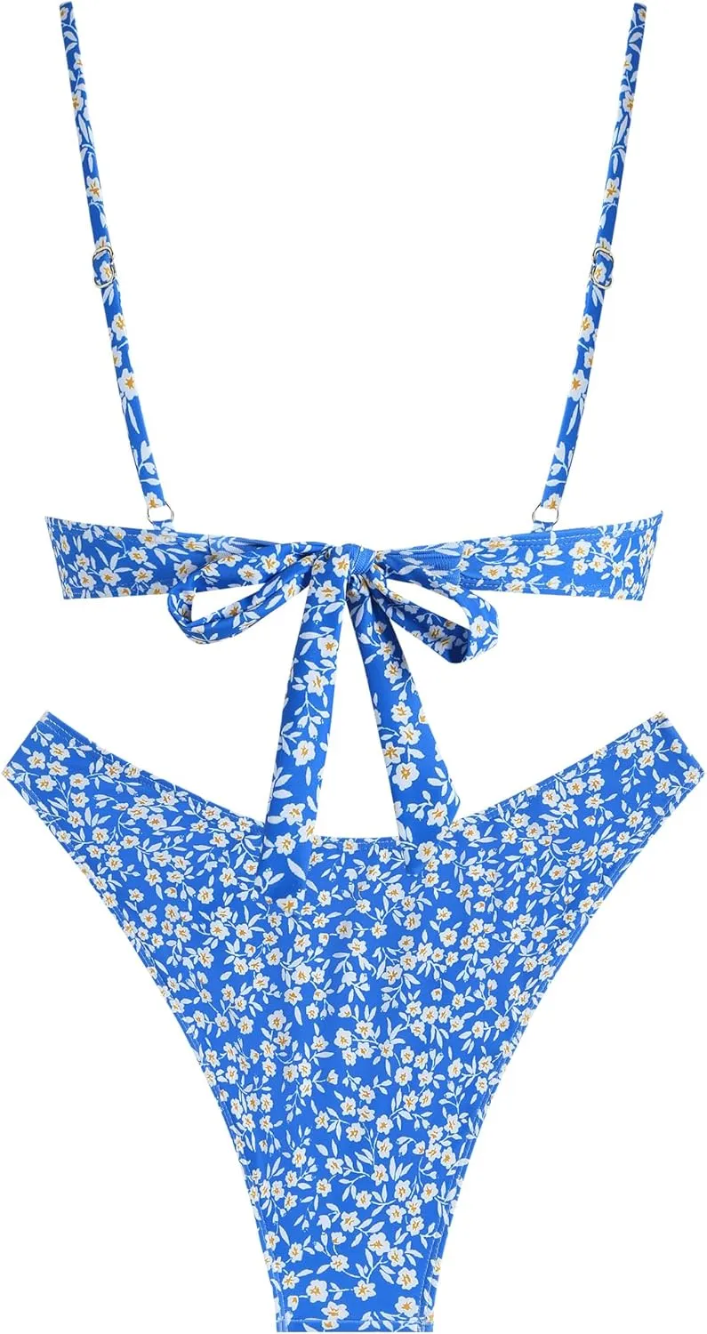 ZAFUL Women High Cut Bikini Sets String Sexy Swimsuit Two Piece Underwire Bathing Suit Brazilian Cheeky Cut Out Cute Swimwear