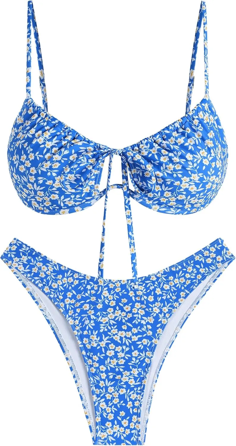 ZAFUL Women High Cut Bikini Sets String Sexy Swimsuit Two Piece Underwire Bathing Suit Brazilian Cheeky Cut Out Cute Swimwear