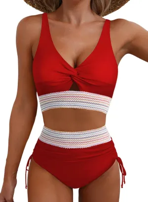 ZAFUL Women High Waisted Bikini Sets Color Block Swimsuit Two Piece Knot Twist Cut Out Drawstring Bathing Suit