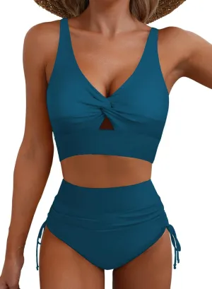 ZAFUL Women High Waisted Bikini Sets Color Block Swimsuit Two Piece Knot Twist Cut Out Drawstring Bathing Suit