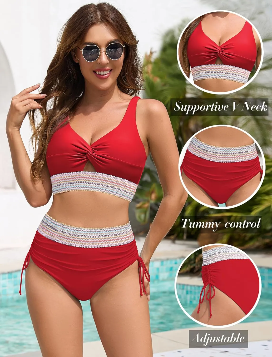 ZAFUL Women High Waisted Bikini Sets Color Block Swimsuit Two Piece Knot Twist Cut Out Drawstring Bathing Suit